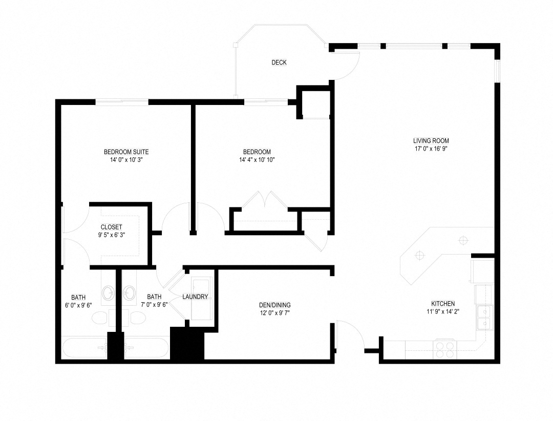 Floor plan for 2 beds, 2 baths, 1345 sqft